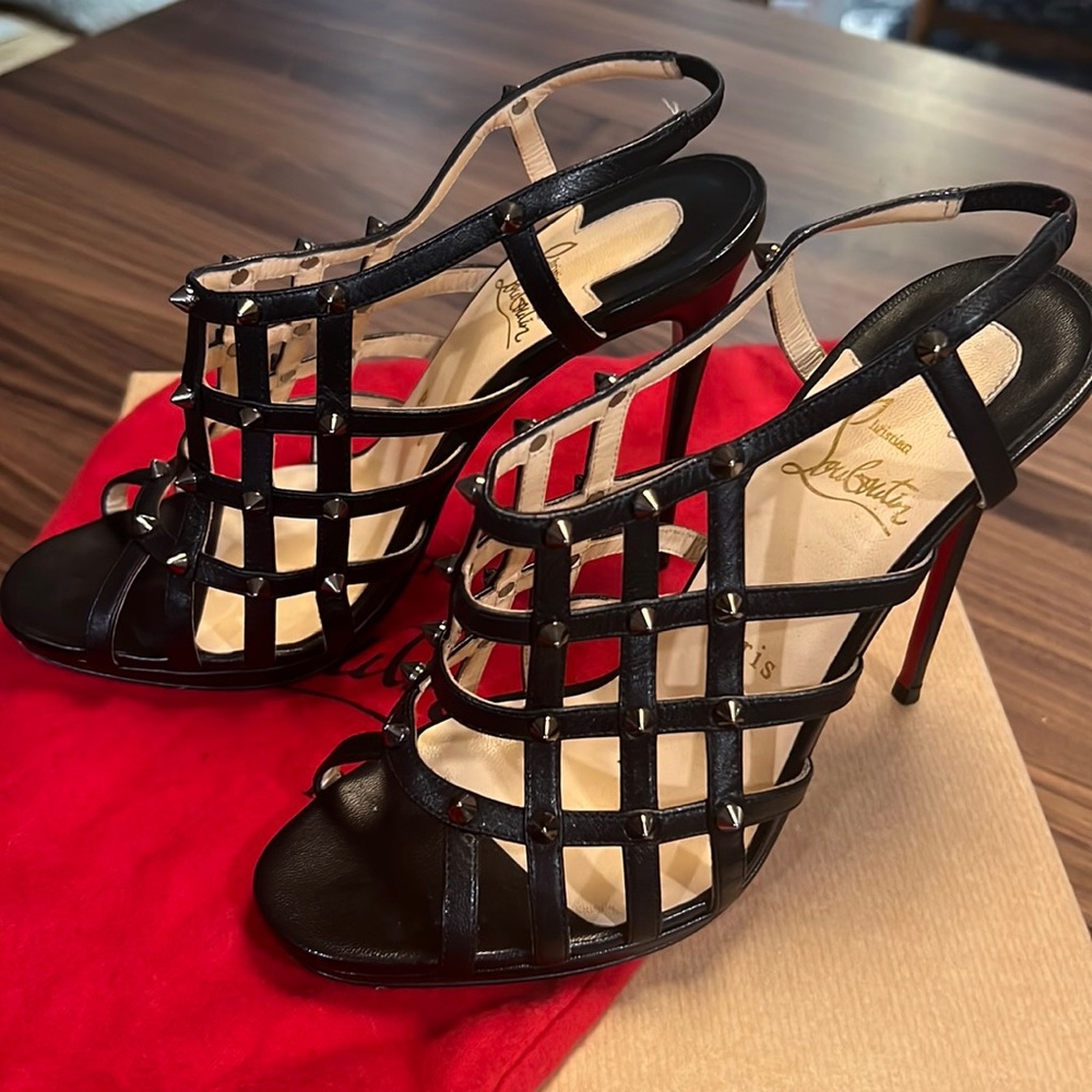 Christian Louboutin, Black sling back studded cage style, size 38.